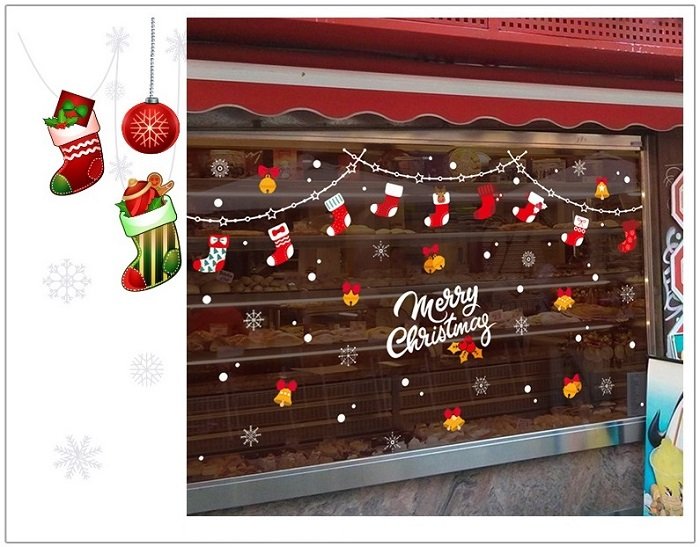 Decal trang trí noel dây treo tất đỏ chuông vàng
