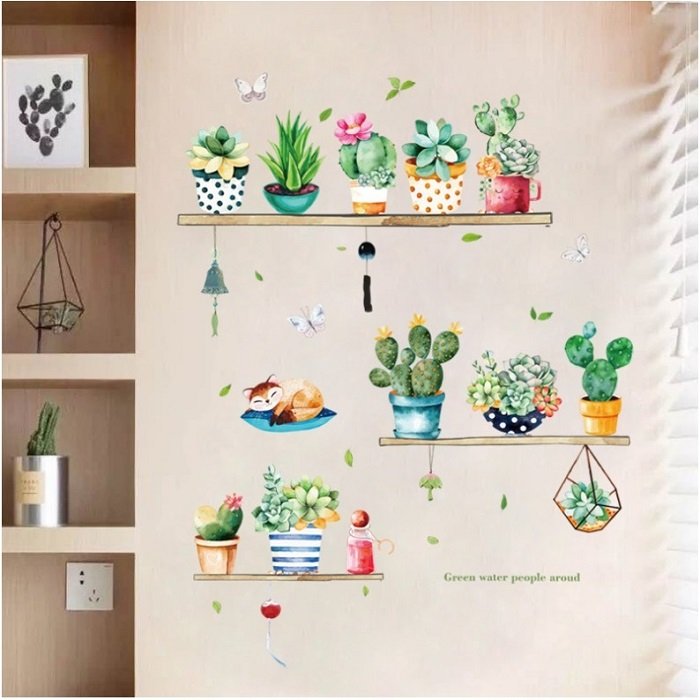 Decal dán tường kệ chậu xương rồng