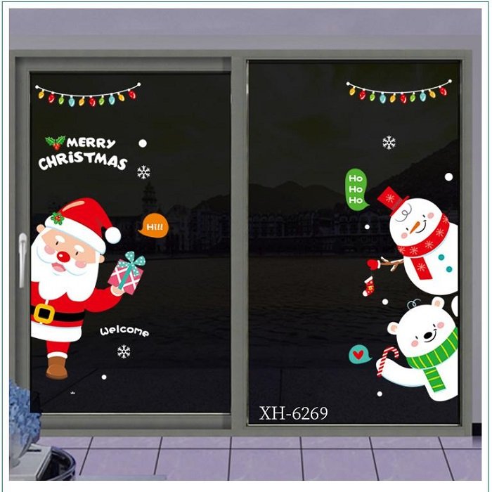 Decal trang trí noel 2 mặt ông già noel và gấu tuyết