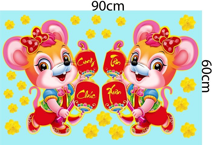 Decal trang trí tết chuột hồng cung chúc tân xuân