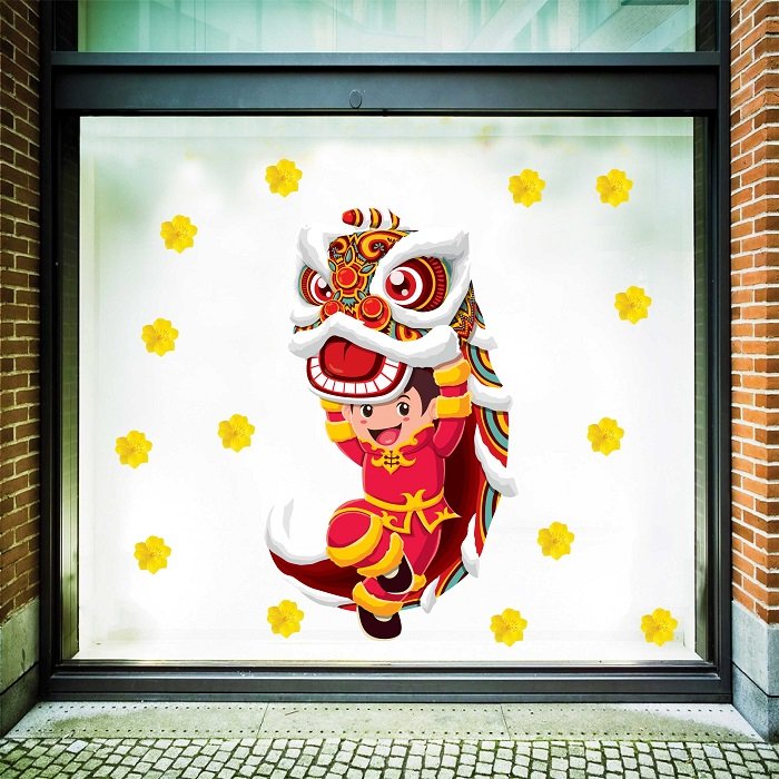 decal trang trí tết múa lân chúc tết