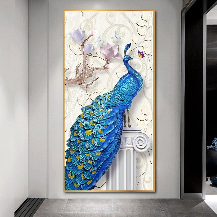 Tranh treo tường chim công xanh và hoa sứ