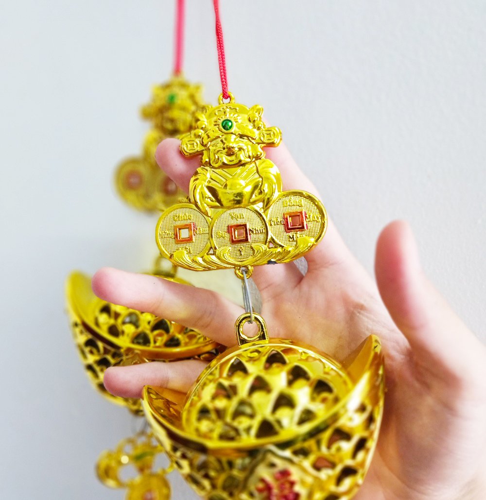 Lộc treo Thỏi vàng lưới và thần tài trang trí tết (2 dây)