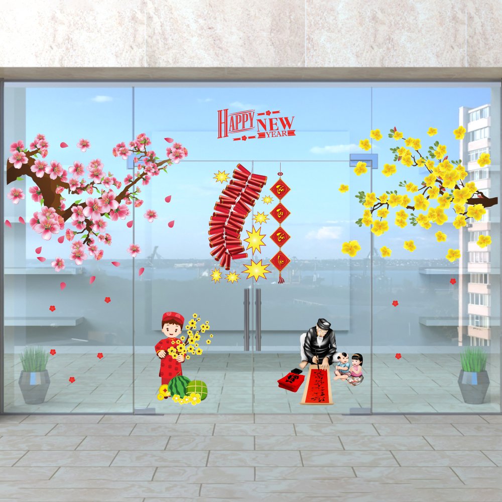 Combo decal trang trí tết mai đào khoe sắc xuân mẫu 04 (HN)