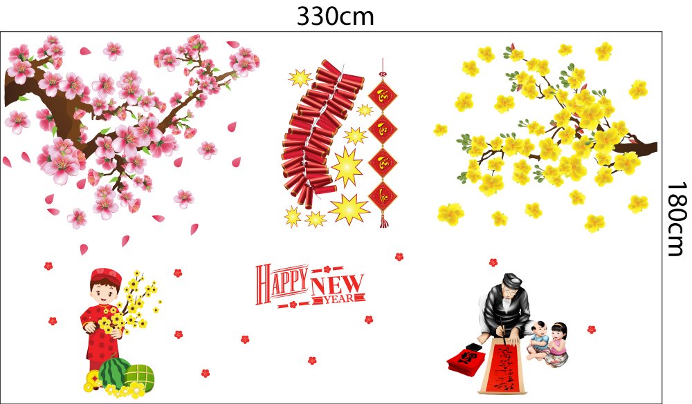 Combo decal trang trí tết mai đào khoe sắc xuân mẫu 04 (HN)