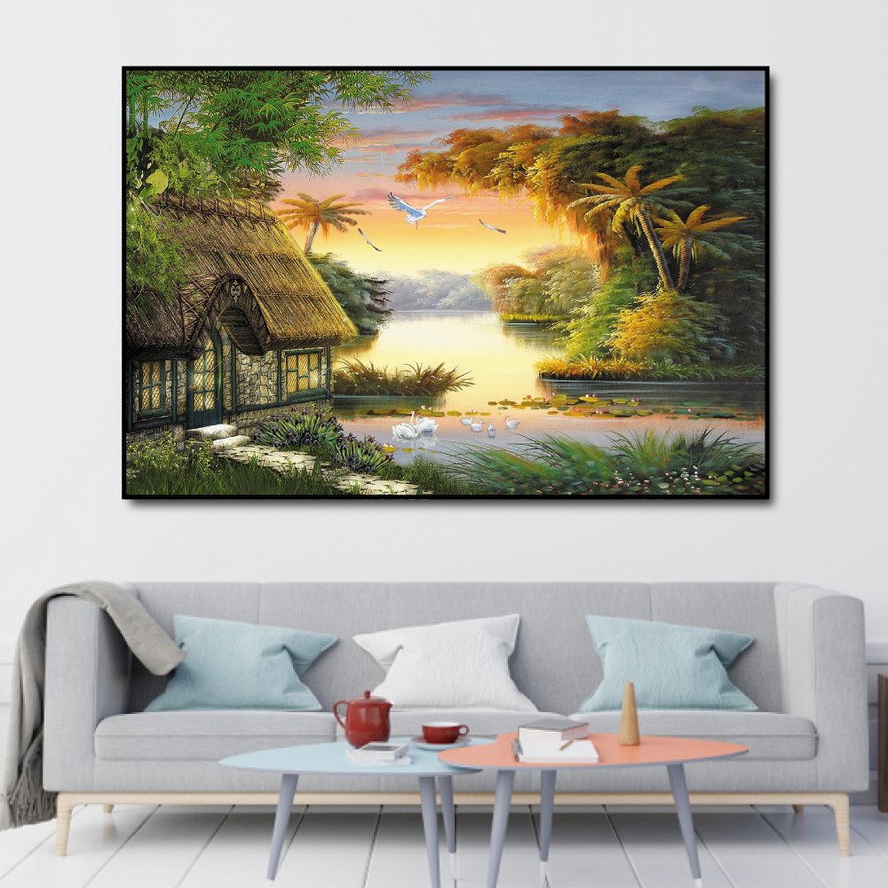 Tranh treo tường hoàng hôn trên sông quê