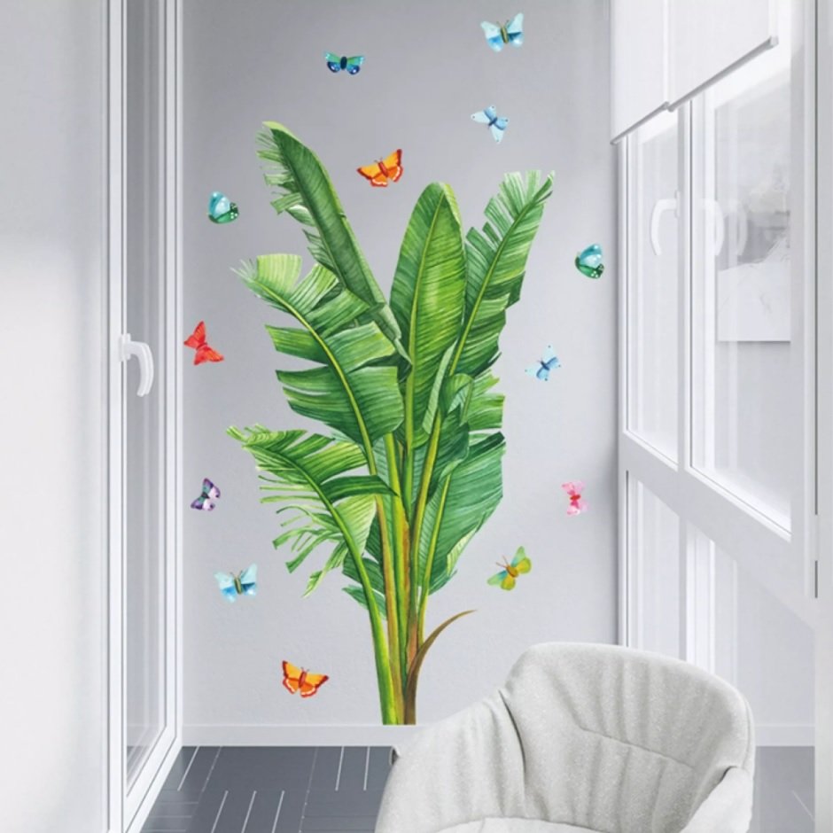 Decal dán tường lá chuối xanh và những chú bướm sắc màu