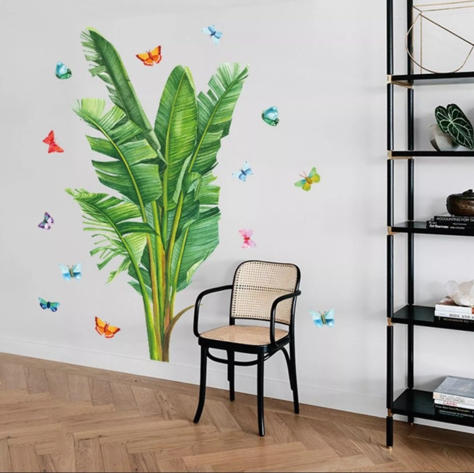 Decal dán tường lá chuối xanh và những chú bướm sắc màu