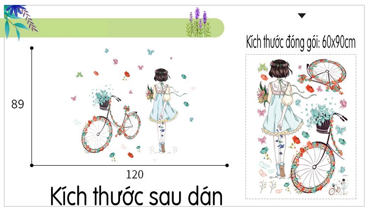 Decal dán tường cô gái và xe đạp hoa