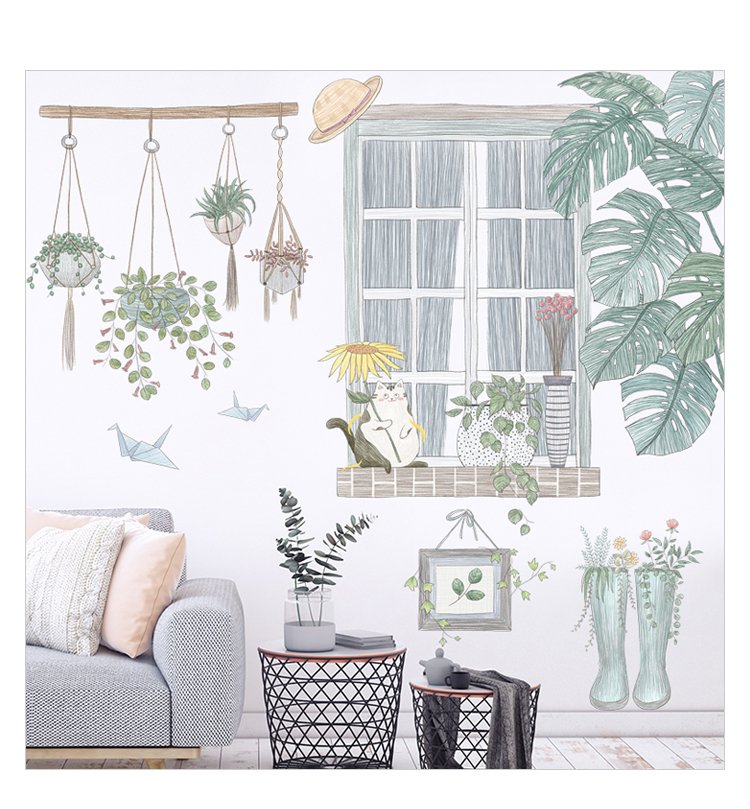 Decal dán tường góc cây xanh và cửa sổ