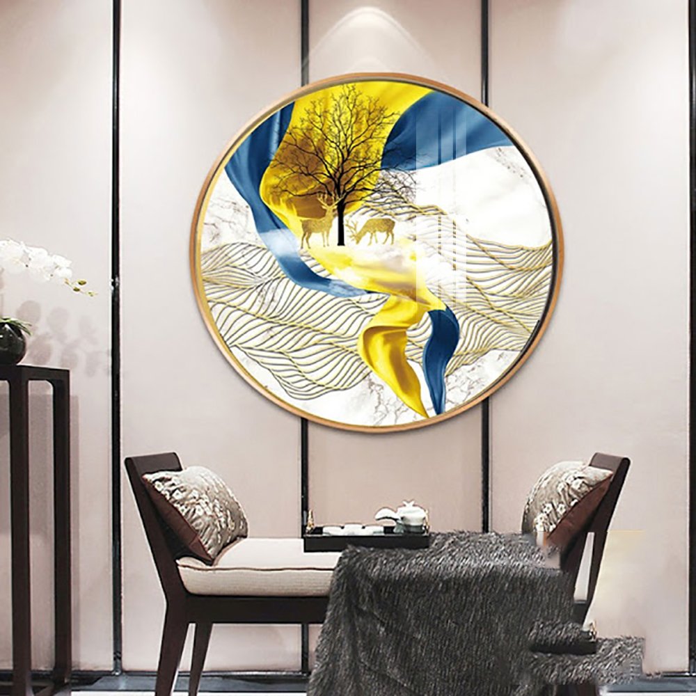 Tranh Tròn Tráng Gương Đôi Hươu Vàng Nghệ Thuật 3