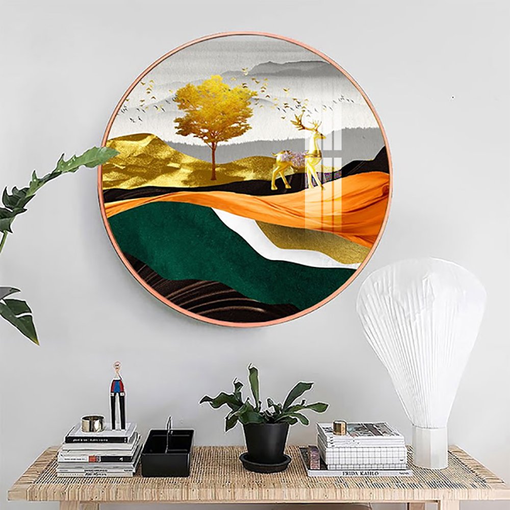 Tranh Tròn Tráng Gương Hươu Vàng Nghệ Thuật