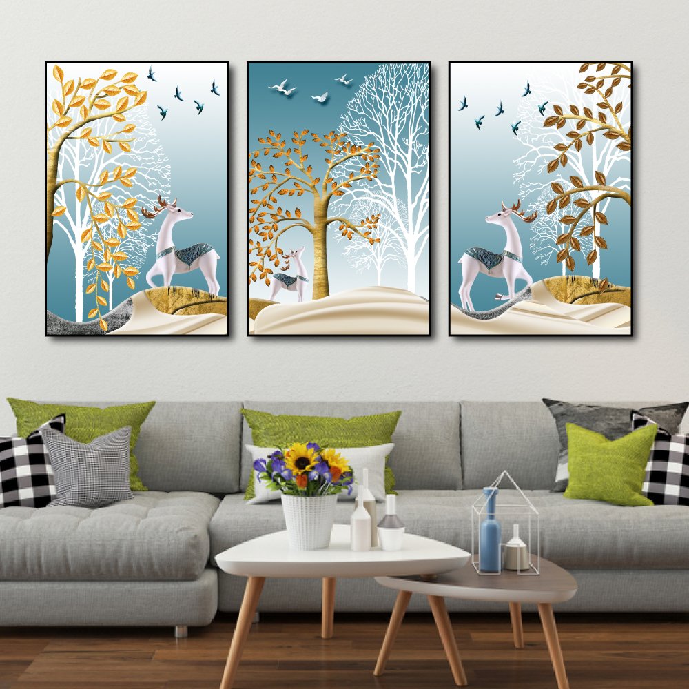 Tranh Treo Tường 3D Đôi Hươu Và Cây Cách Điệu 3