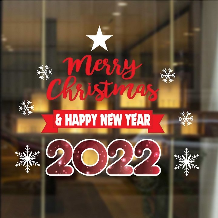 Decal trang trí Noel Merry christmas & Happy new year 2022 chữ đỏ