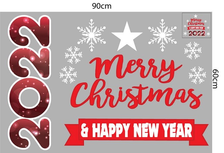 Decal trang trí Noel Merry christmas & Happy new year 2022 chữ đỏ