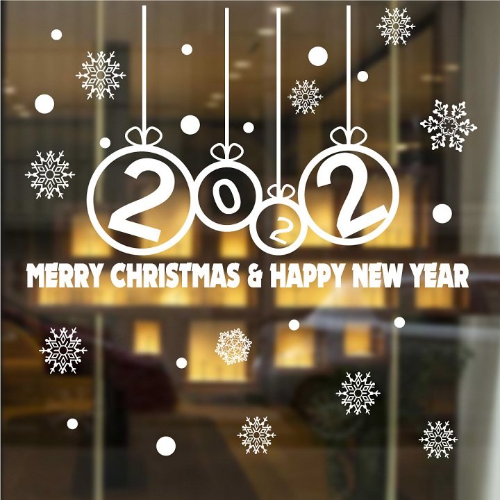 Decal trang trí Noel Merry christmas & Happy new year 2022 chữ trắng