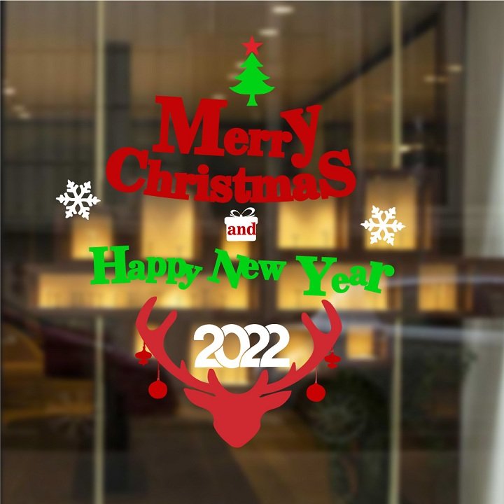 Decal trang trí Noel Merry christmas & Happy new year 2022 và tuần lộc đỏ