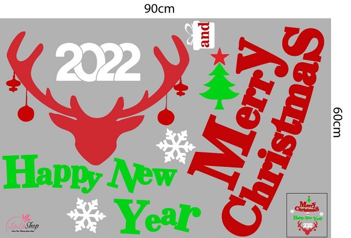 Decal trang trí Noel Merry christmas & Happy new year 2022 và tuần lộc đỏ