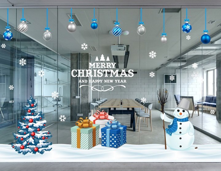 Combo decal trang trí noel cây thông noel và người tuyết chúc mừng năm mới