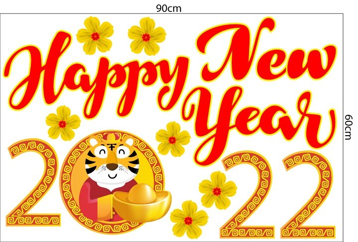 Decal trang trí tết hoa mai vàng Happy New Year 2022
