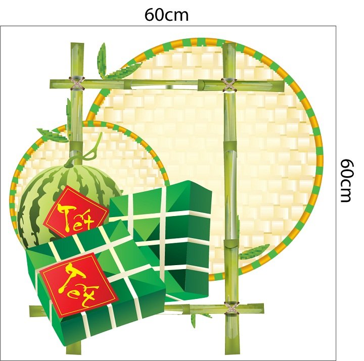 Decal trang trí tết bánh chưng xanh bên dưa hấu đỏ mẫu 2
