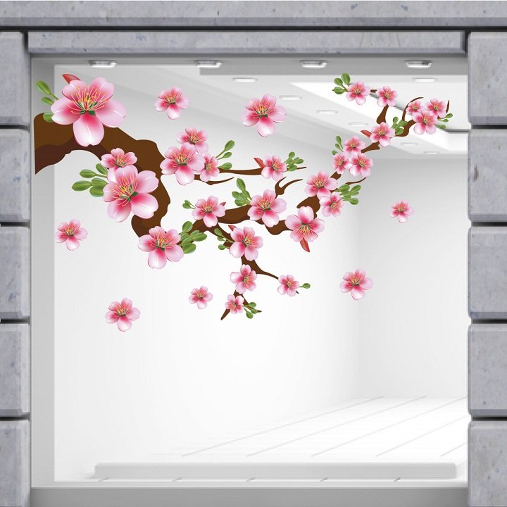 Decal trang trí tết cành đào hồng khoe sắc