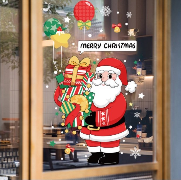Decal trang trí noel ông già noel và hộp quà kèm bóng bay