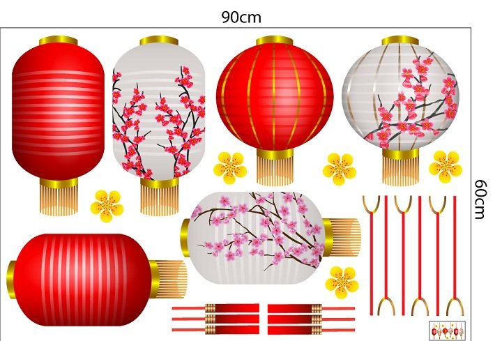 Decal Trang Trí Tết lồng đèn hoa đào may mắn