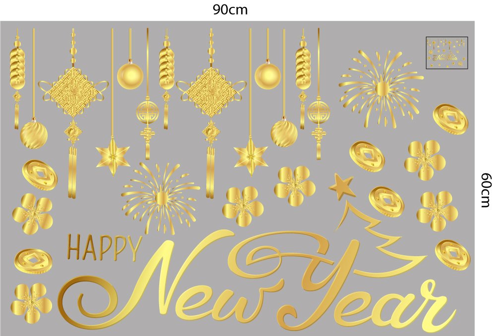 Decal trang trí tết happy new year và họa tiết treo