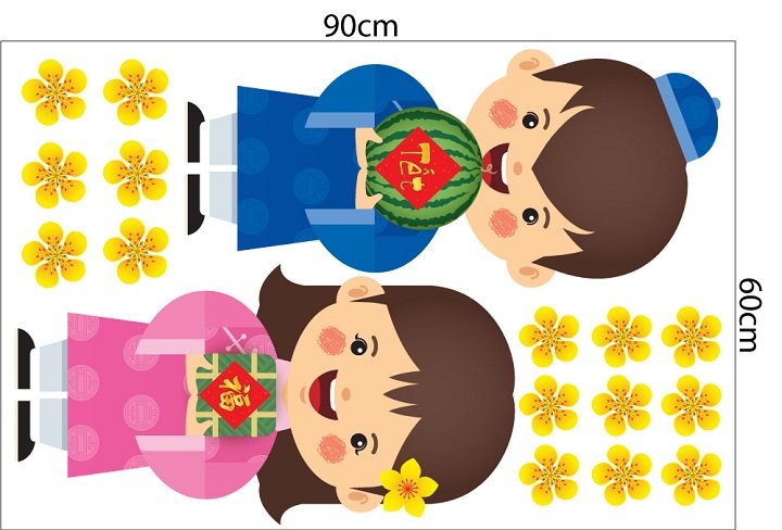 Decal trang tr&iacute; tết đ&ocirc;i b&eacute; ch&uacute;c xu&acirc;n mẫu 3