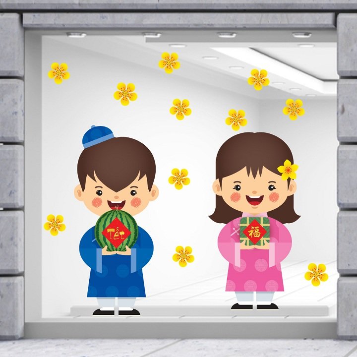 Decal trang tr&iacute; tết đ&ocirc;i b&eacute; ch&uacute;c xu&acirc;n mẫu 3