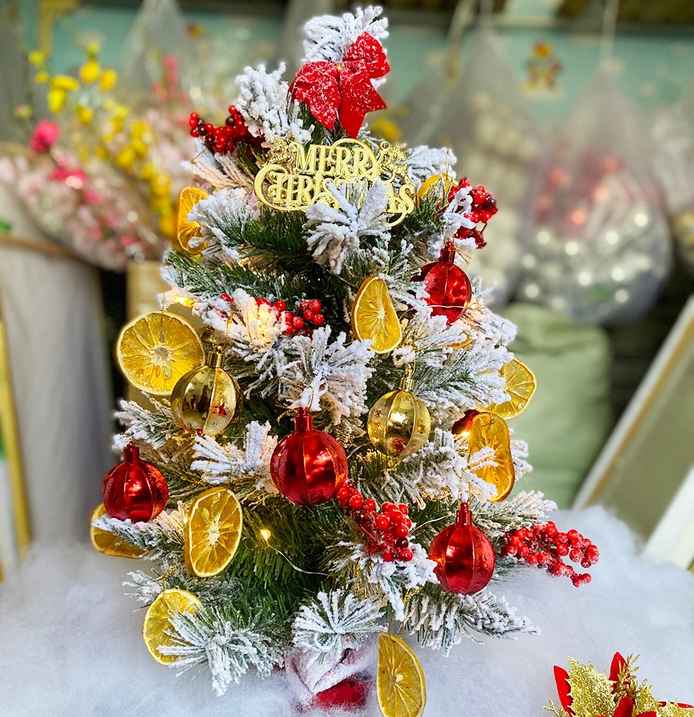 Cây thông mini phủ tuyết trang trí cam và bảng merry christmas