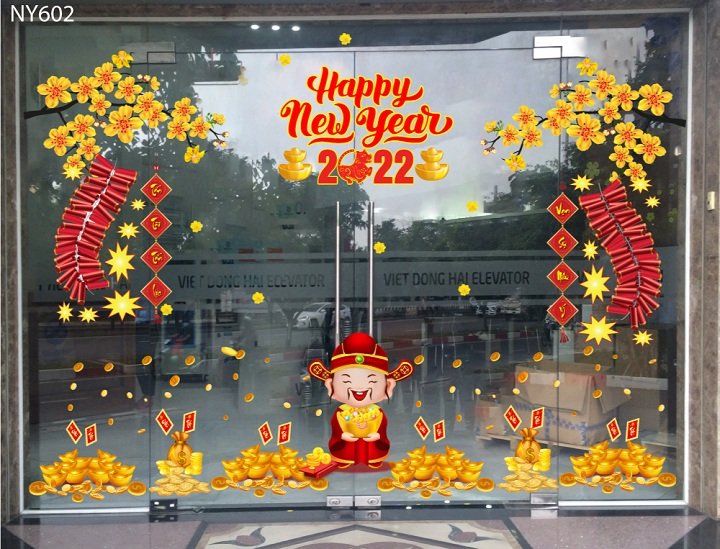Combo decal trang trí kính ngày tết thần tài tặng vàng chúc mừng năm mới 2022