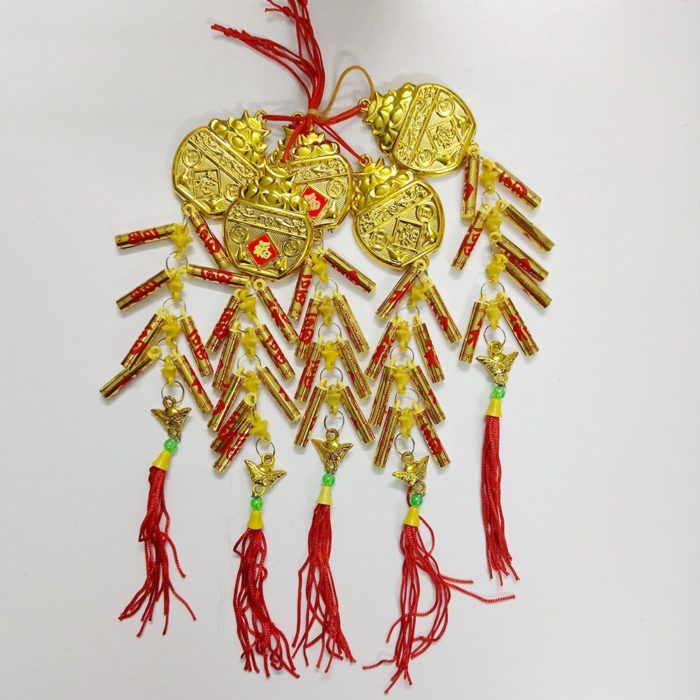 Bộ 5 dây pháo vàng và hũ tiền vàng trang trí tết