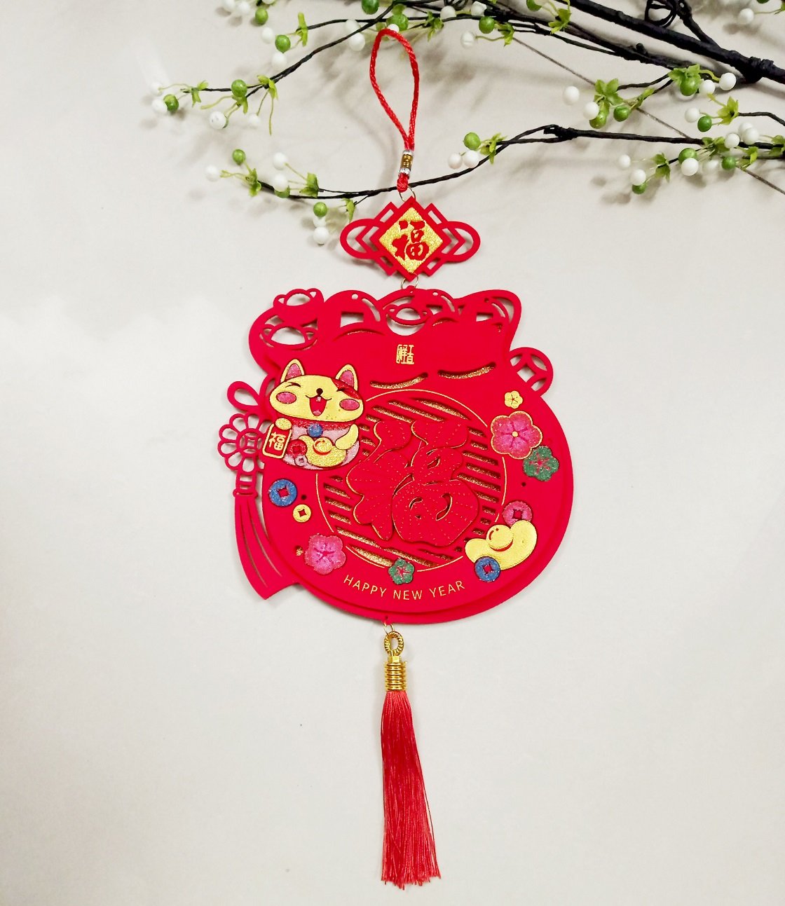 Lộc treo túi vàng nhung đỏ Happy new year trang trí tết