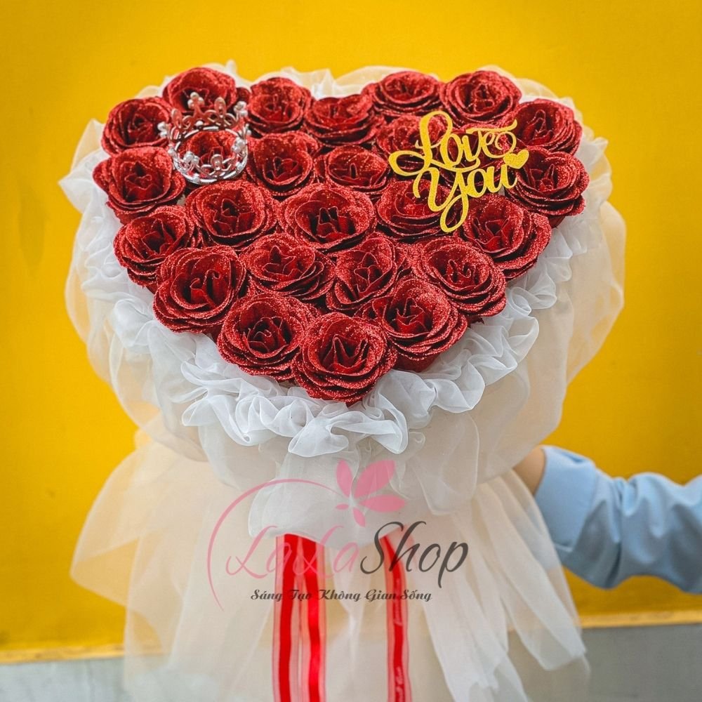 Bó hoa hồng nhủ kim tuyến sắc đỏ 25 bông cao cấp