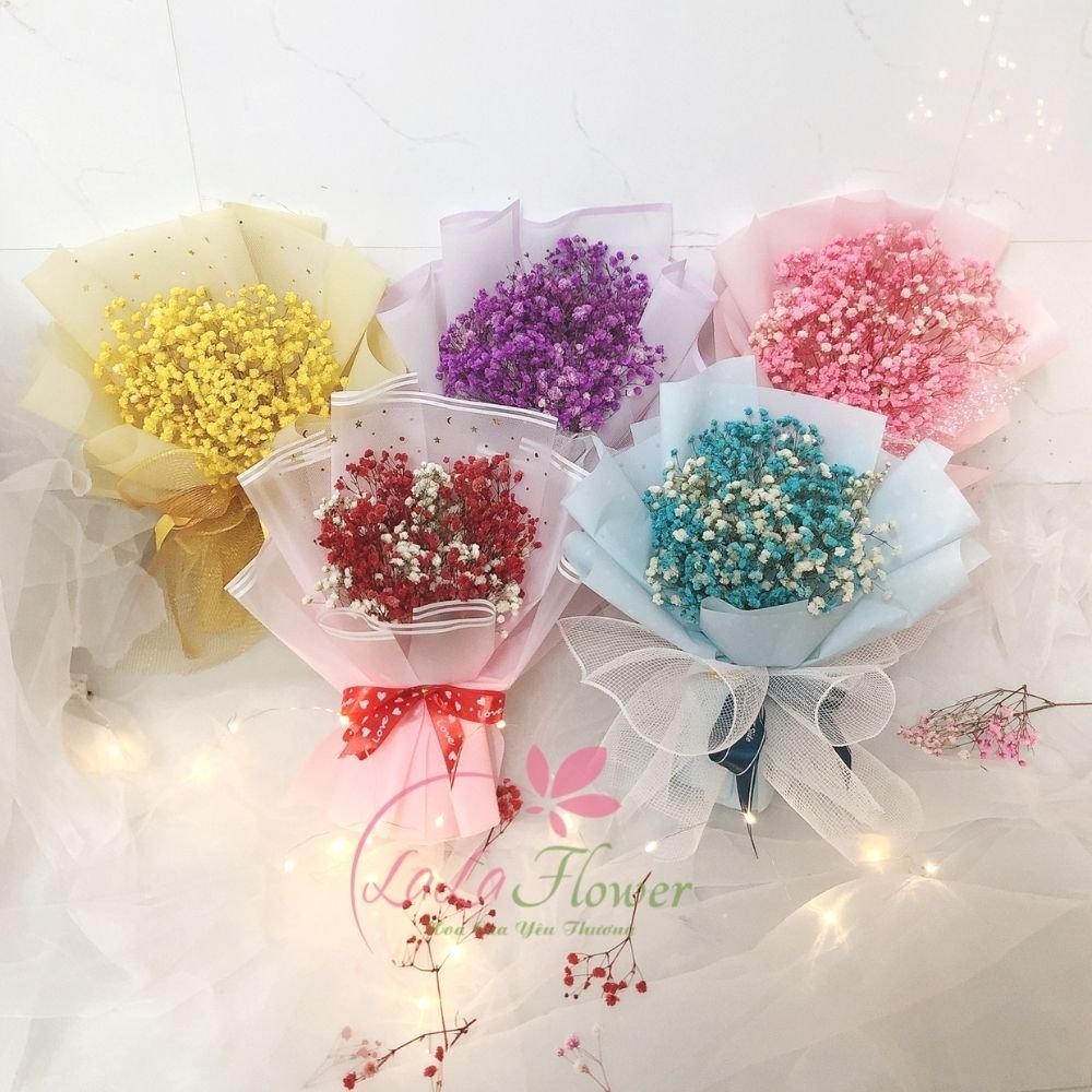 Túi hoa sáp bó hoa khô baby kèm đèn LED và thiệp chúc mừng