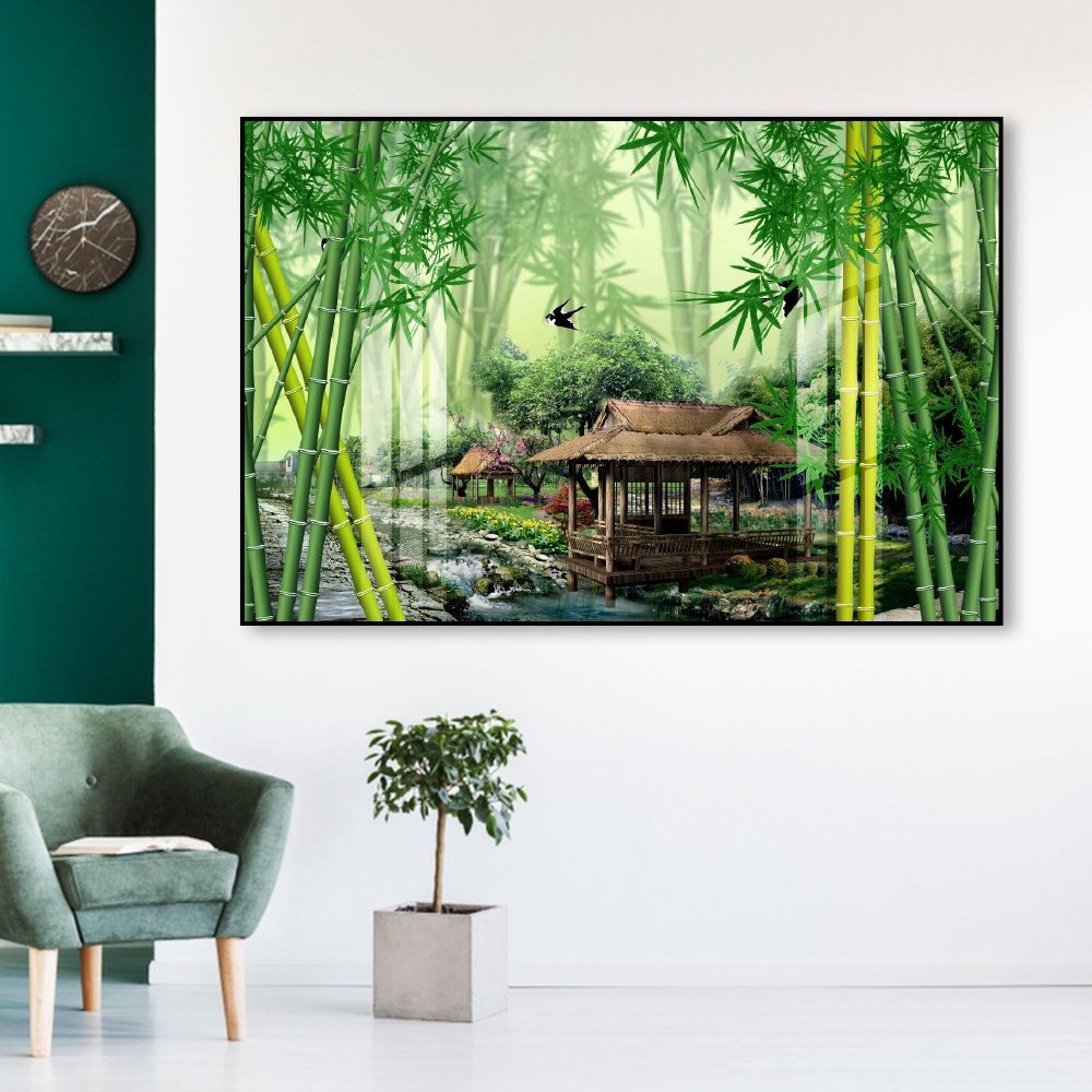 Tranh treo tường ngôi nhà giữa rừng tre xanh