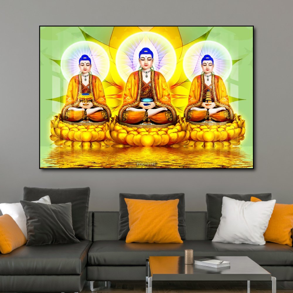 Tranh Tam Thế Phật Ngồi Trên Tòa Sen Vàng 2