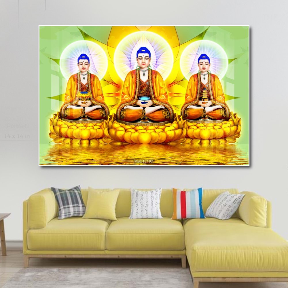 Tranh Tam Thế Phật Ngồi Trên Tòa Sen Vàng 2