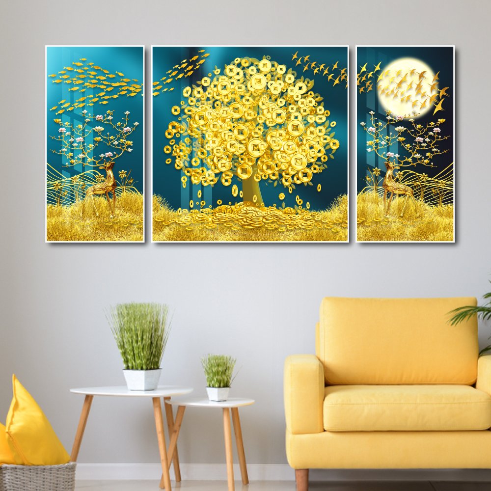 Bộ 3 tấm tranh treo tường cây đồng tiền vàng