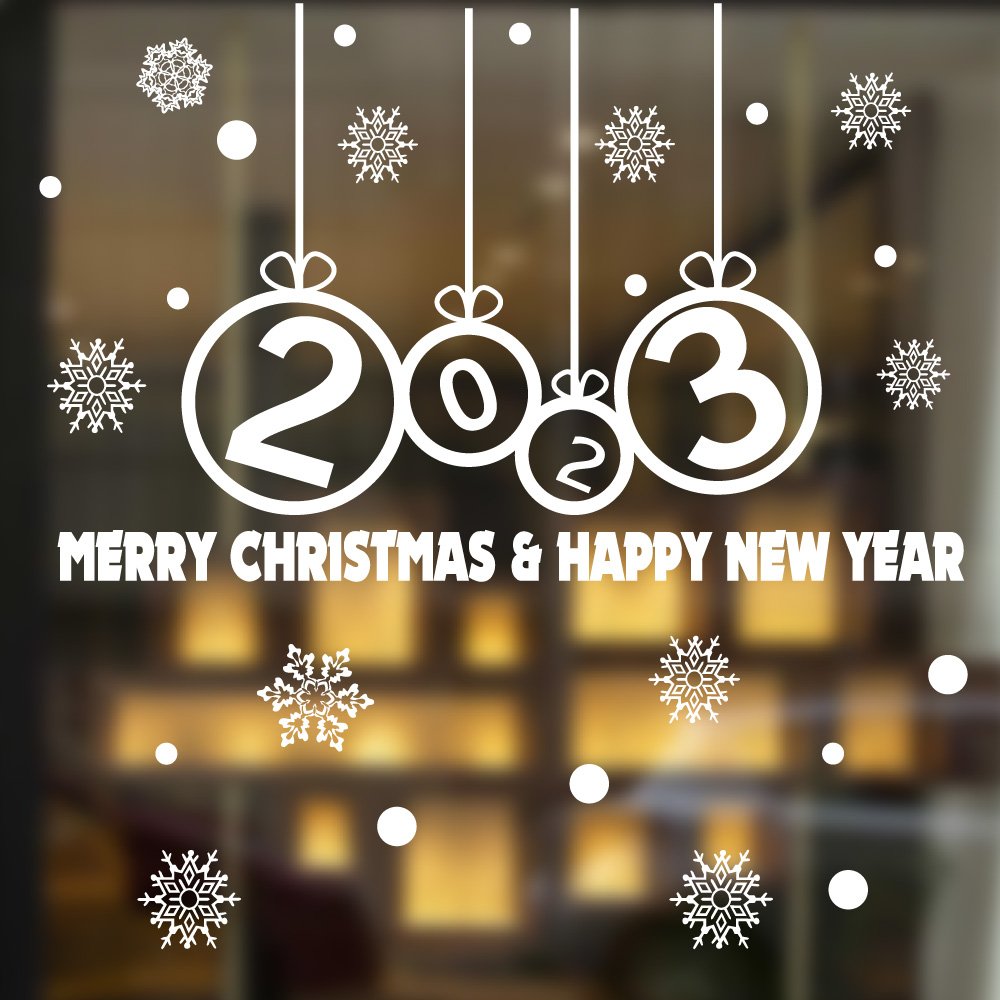 Decal trang trí Noel Merry christmas & Happy new year 2023 chữ trắng