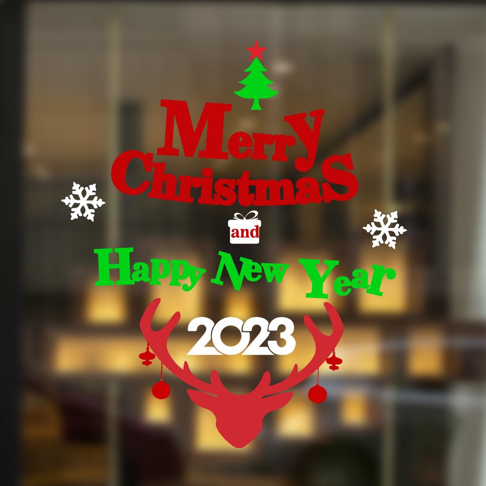 Decal trang trí Noel Merry christmas & Happy new year 2023 và tuần lộc đỏ