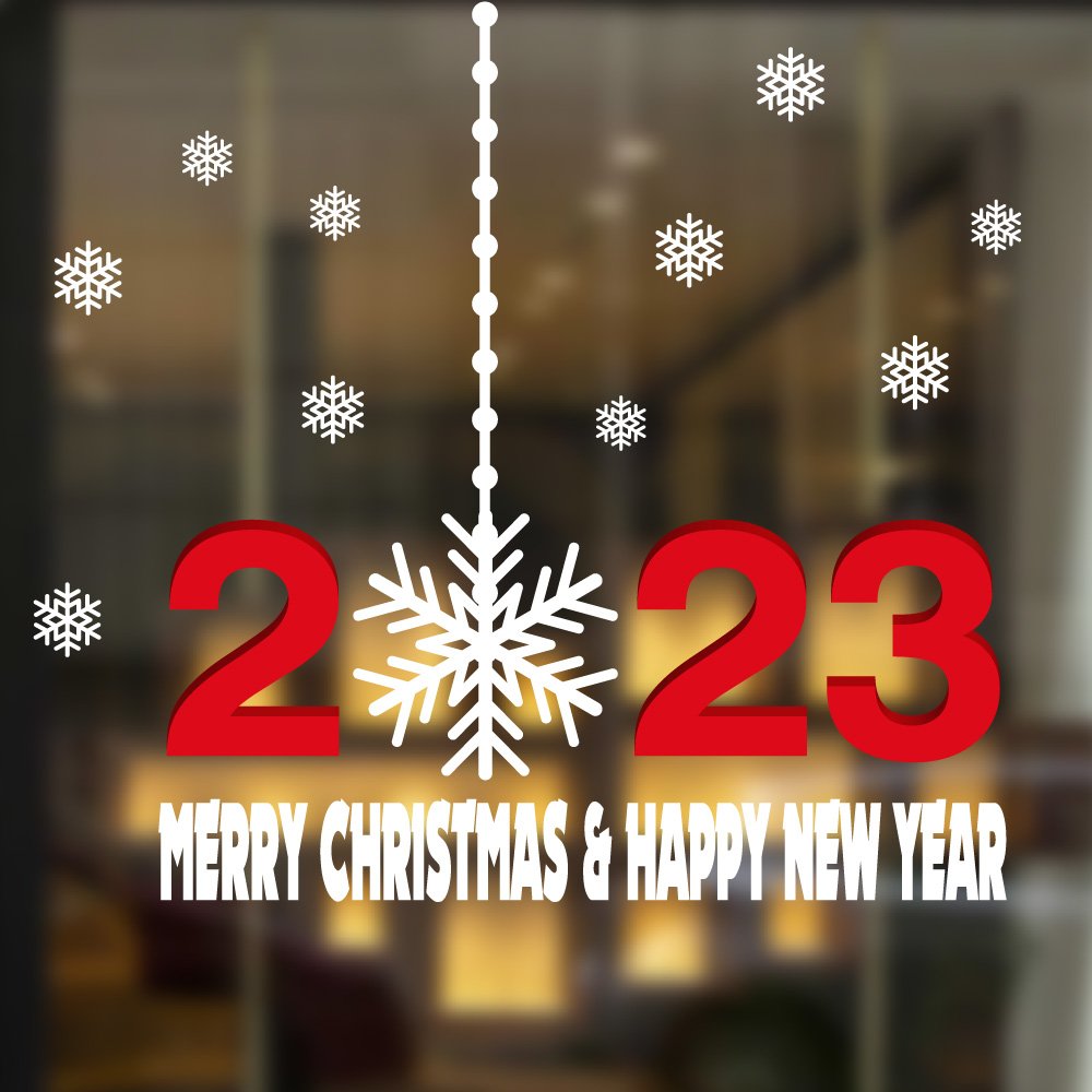 Decal trang trí Noel Merry christmas & Happy new year 2023 và bông ...