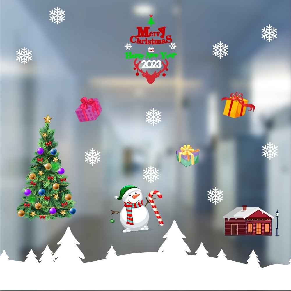 Decal trang trí Noel Người Tuyết Trang Trí Cây Thông 2023