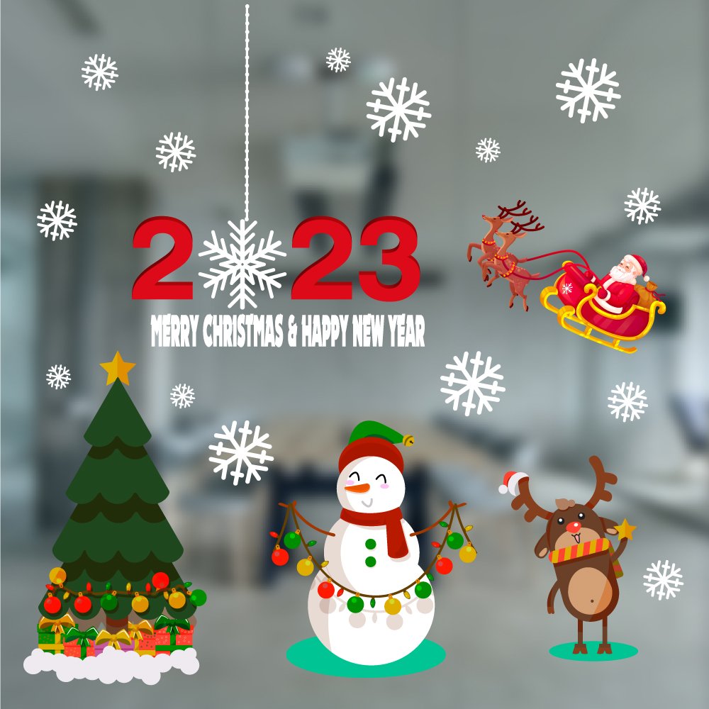 Decal trang trí Noel người tuyết và tuần lộc trang trí cây thông 2023