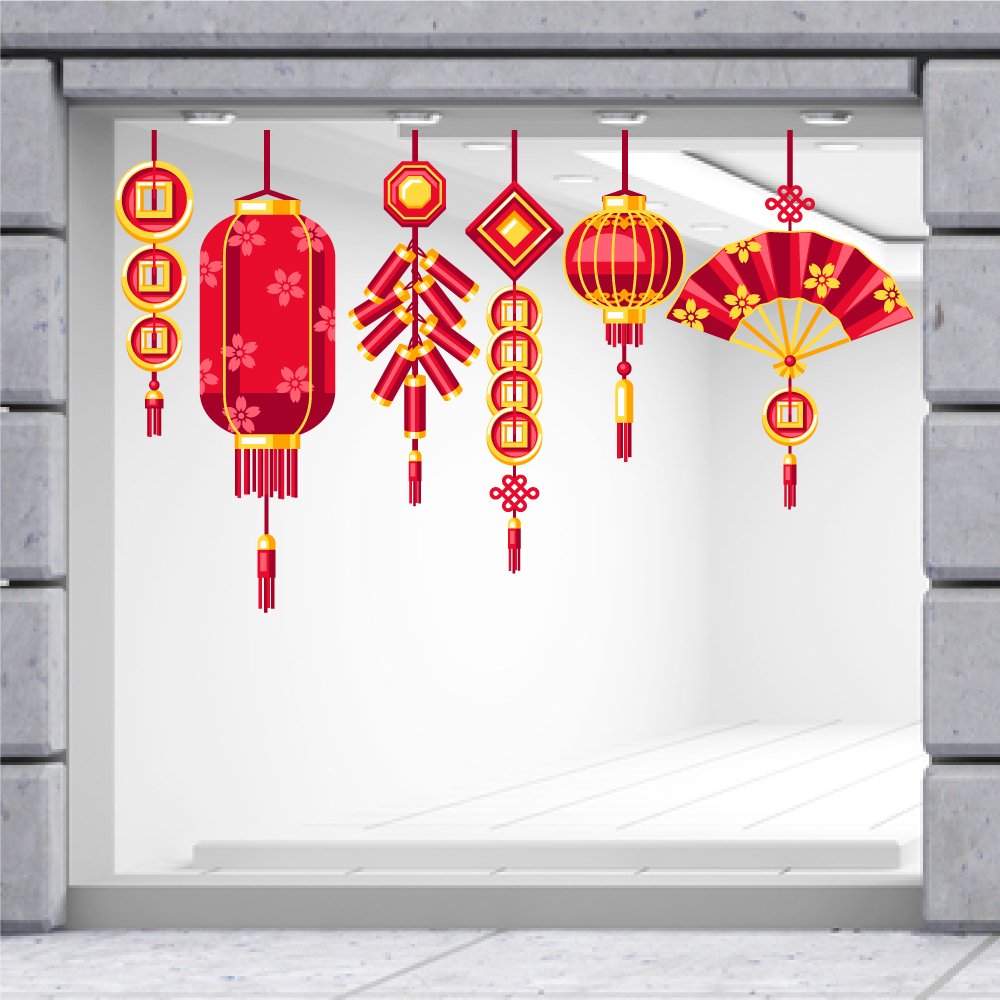 Decal Trang Trí Tết Quý Mão Lồng Đèn Đỏ Và Quạt Như Ý