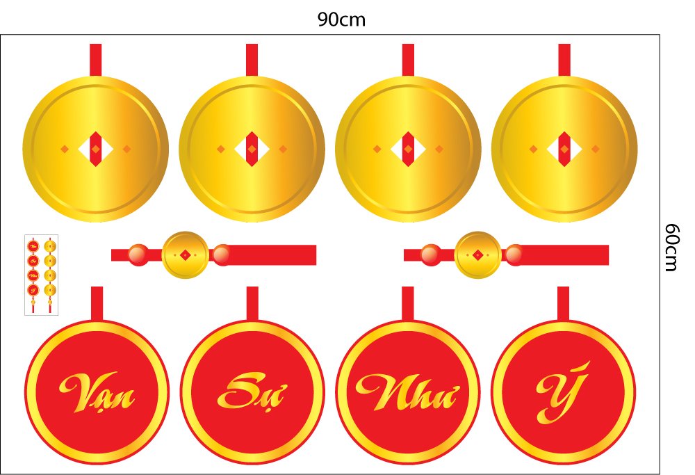 Decal Trang Trí Tết Đồng Tiền Vàng Và Câu Đối Vạn Sự Như Ý
