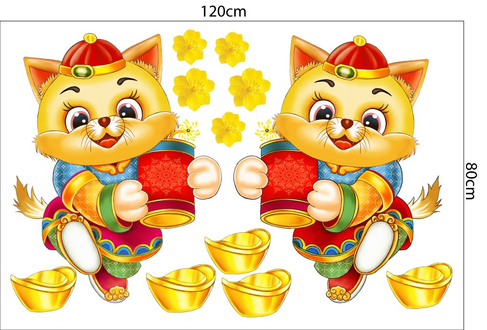Combo Decal Trang Trí Tết Chúc Mừng Năm Mới Mèo Vàng Tài Lộc