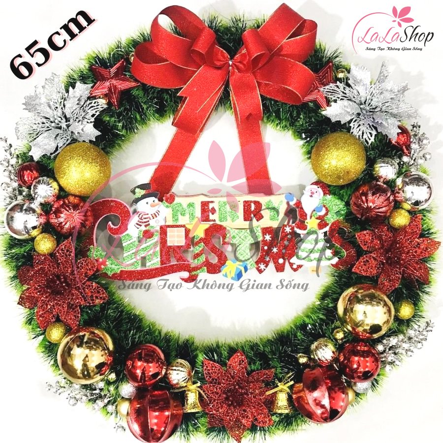 Vòng Nguyệt Quế Trang Trí Noel Nơ Đỏ Lớn Kèm Chữ Merry Christmas 26 - 65cm